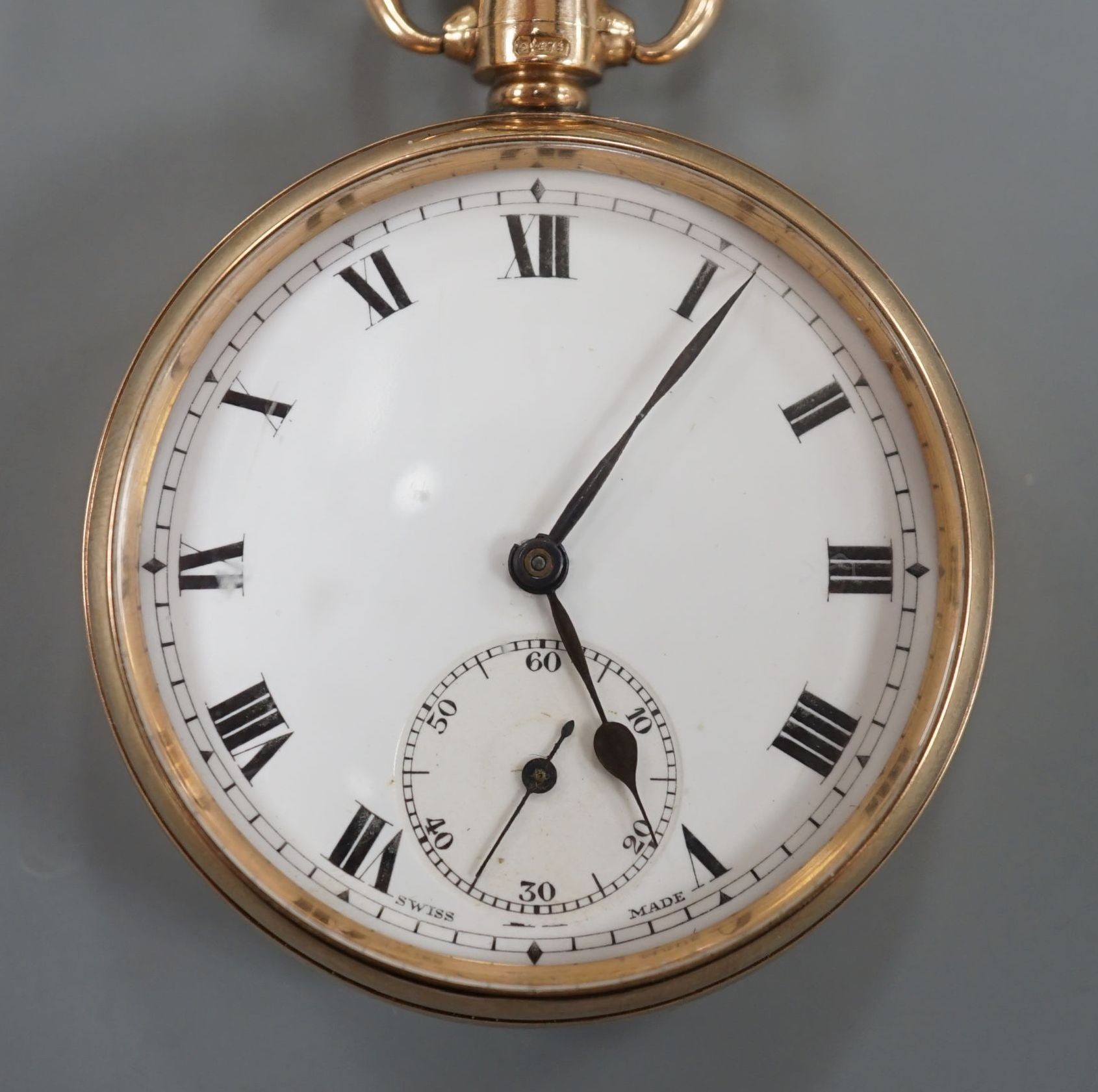 A George V 9ct gold Cyma open face keyless pocket watch, with Roman dial and subsidiary seconds, case diameter 48mm, gross weight 74.2 grams.